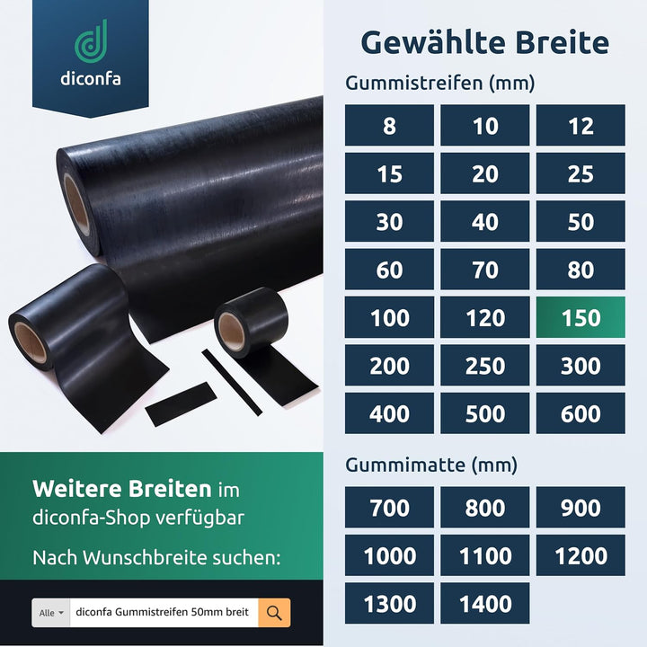 diconfa Gummistreifen BREITE 150mm (15cm) - WÄHLBAR - DICKE: 1 bis 10mm - LÄNGE: 0,05 bis 10m - Ausw