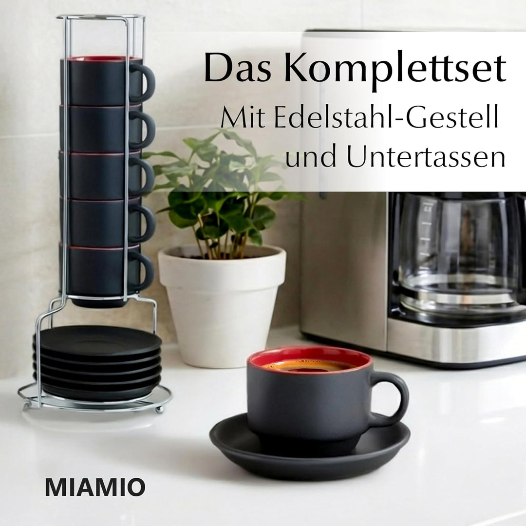 MIAMIO - 6 x 75 ml Espressotassen Set/Espresso Tassen Set mit Untertasse & Ständer - Kaffeetassen Se