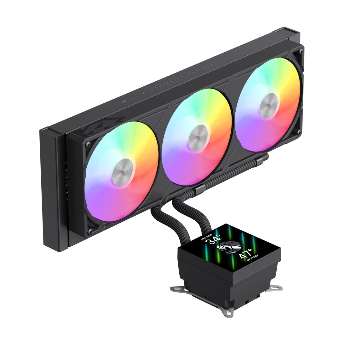GAMEMAX GLACIER 360 BK AIO Flüssigkeits CPU Kühler, 360mm Radiator, 3,95" 720×720 LCD-Display, seitl