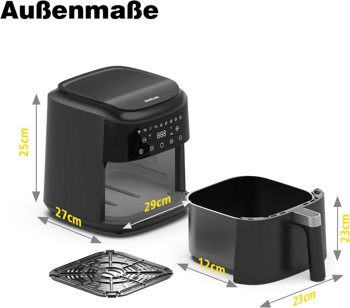 Heissluftfritteuse XL 6L, Airfryer mit 9 Programmen, Warmhaltefunktion, Touchscreen, Ohne PFAS, 1650