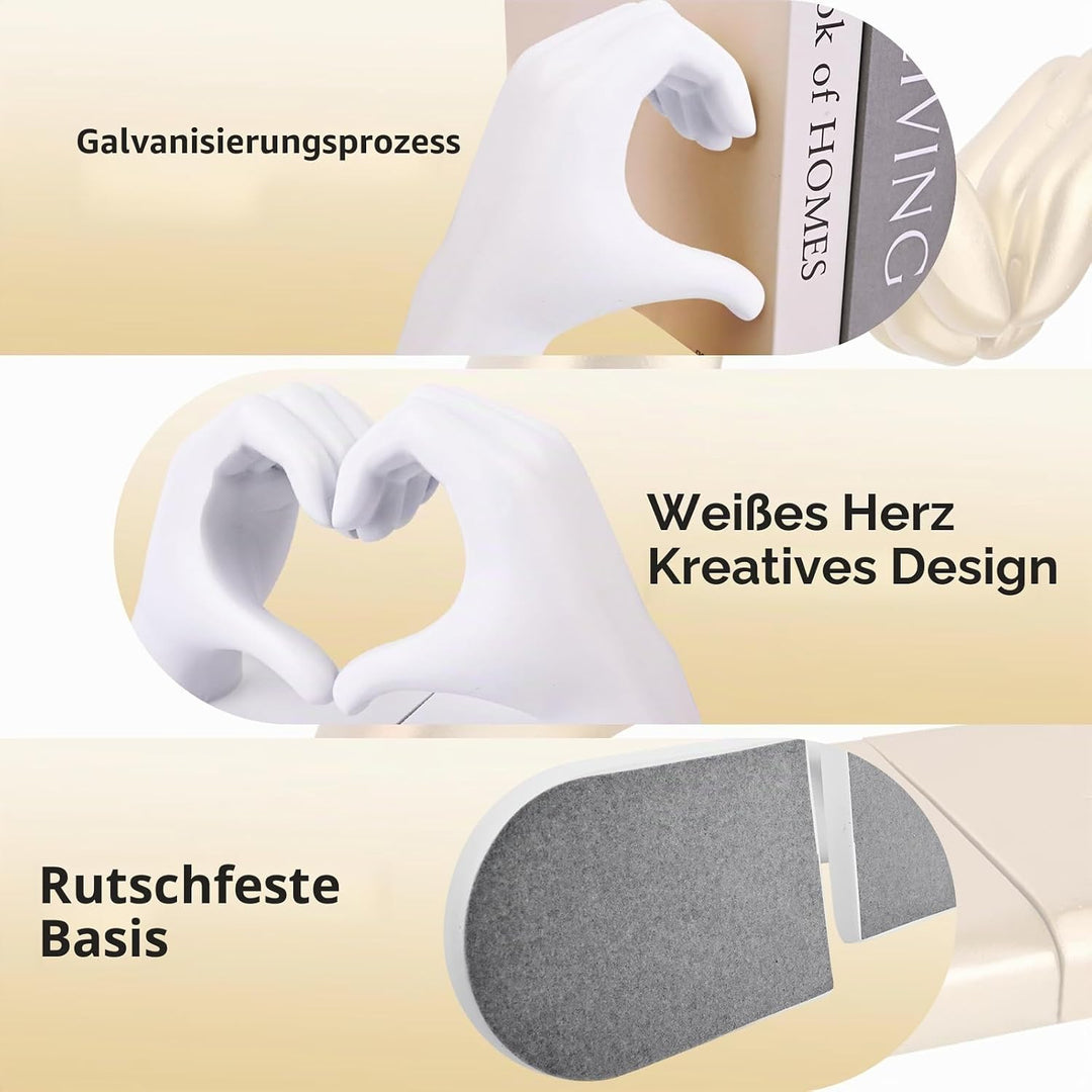 Weisse Buchstützen Set aus Resin - Herz & Hände Skulptur als Buchstütze, dekorative Bookends für Büc