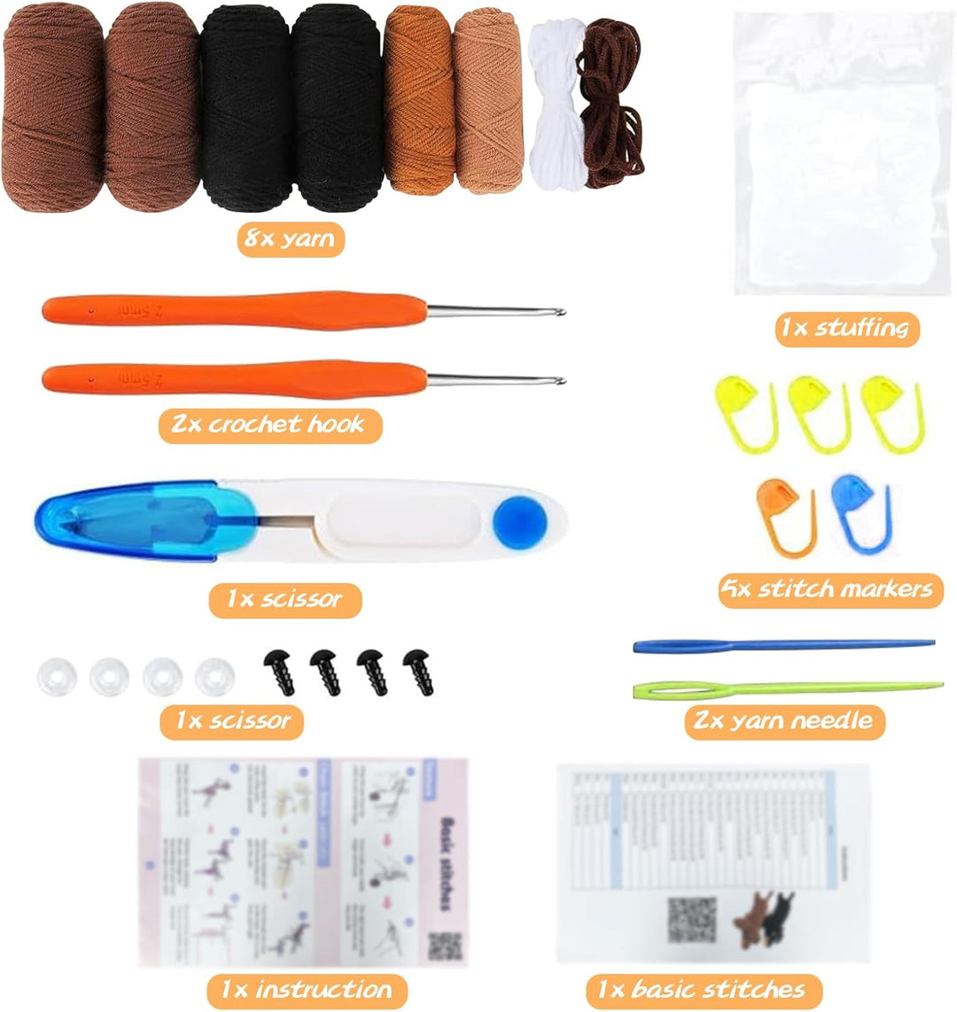 Häkelset für Anfänger, Häkeln Tier Kit Komplett Dackel Hund Häkeln mit Haken Nadeln, Garn und Schrit