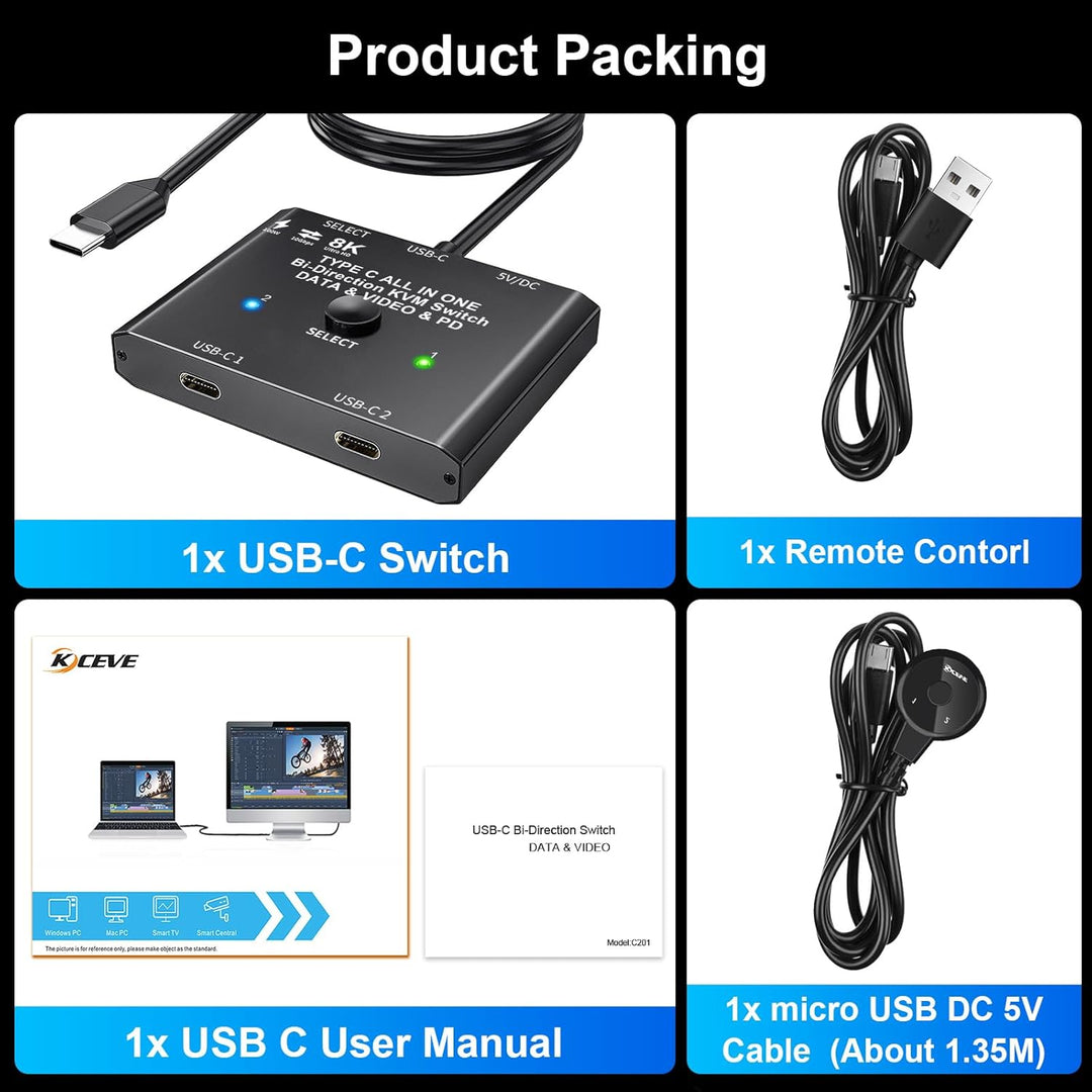USB C Switch 2 PC 8K@60Hz 4K@120Hz, Bidirektionaler USB C Switcher für 2 PCs, 2 in 1 out/1 in 2 out,