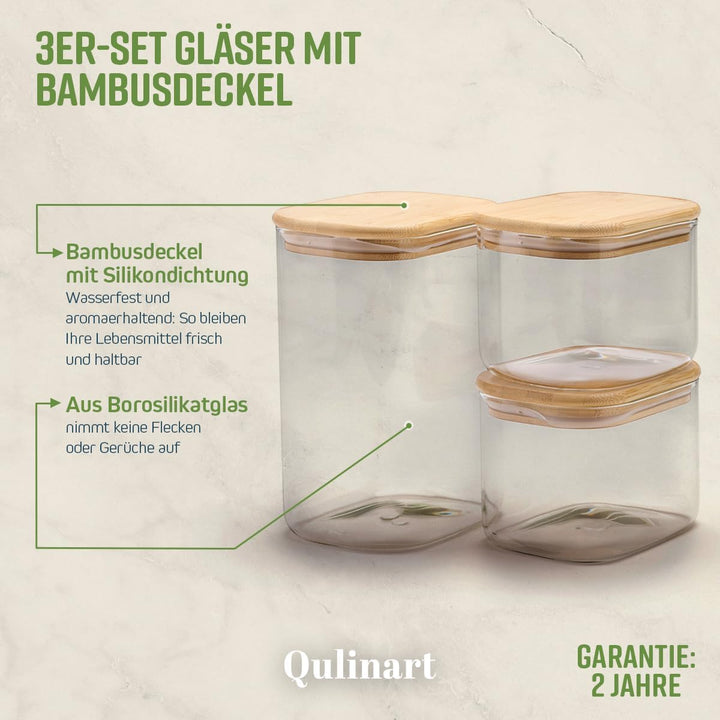 QULINART 3er-Set 1 l + 1 l + 2 l Borosilikatglasgläser mit luftdichtem Bambusdeckel, wiederverwendba