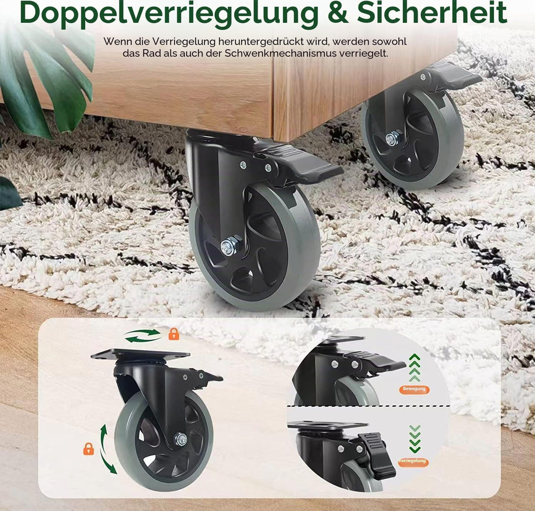Möbelrollen mit Bremse 125MM Lenkrollen, 4 Stück Schwerlastrollen inkl. Montagezubehör, Transportrol