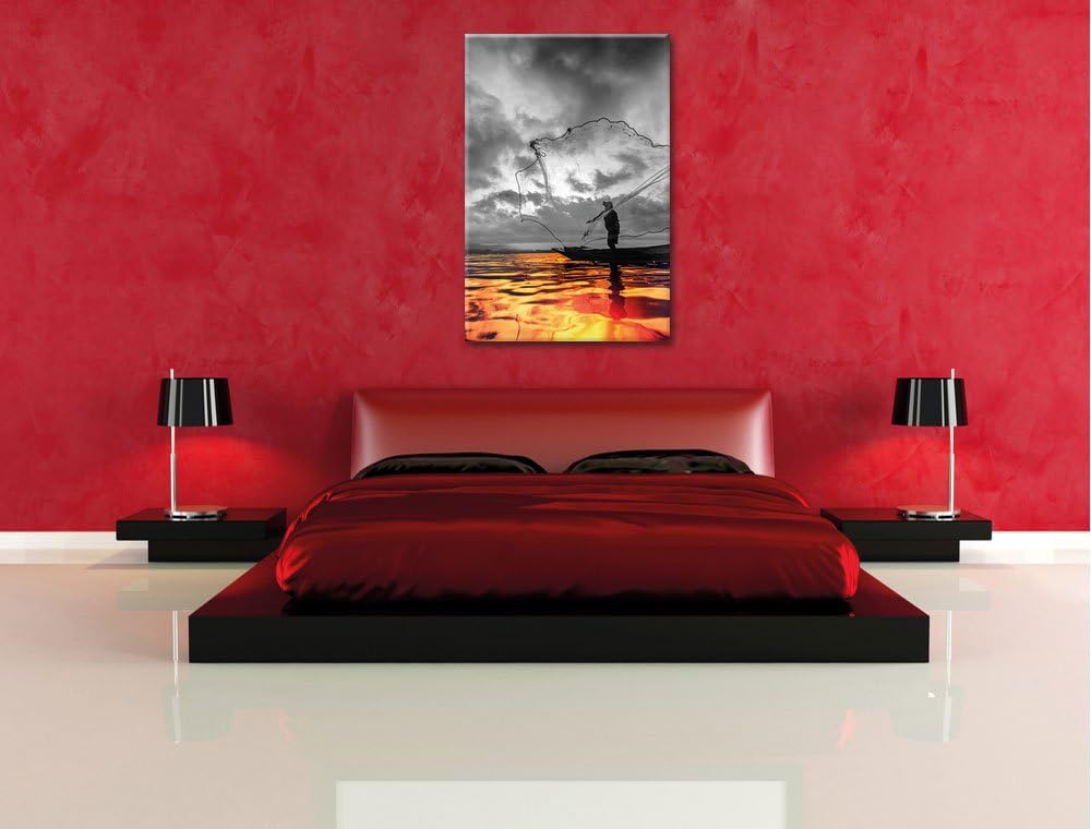 Pixxprint Angler mit grossem Fangnetz auf See als Leinwandbild/Grösse: 100x70 cm/Wandbild/Kunstdruck