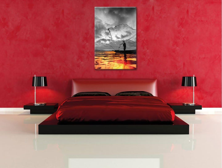 Pixxprint Angler mit grossem Fangnetz auf See als Leinwandbild/Grösse: 100x70 cm/Wandbild/Kunstdruck