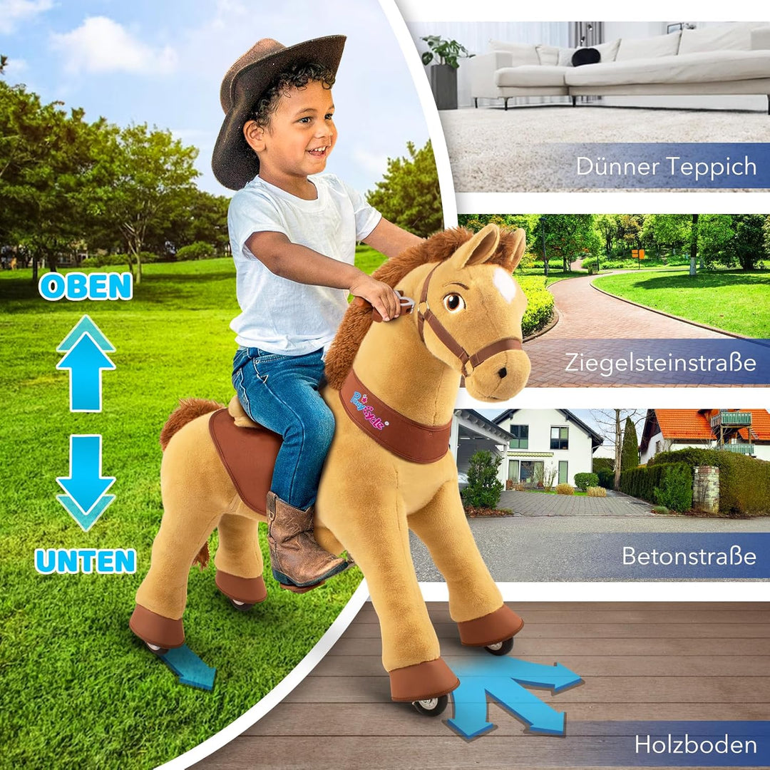 PonyCycle Reitpferd mit Rollen, für Kinder 4–7 Jahre, 90cm Hoch, Plüsch Reitpony mit Handbremse, Sch