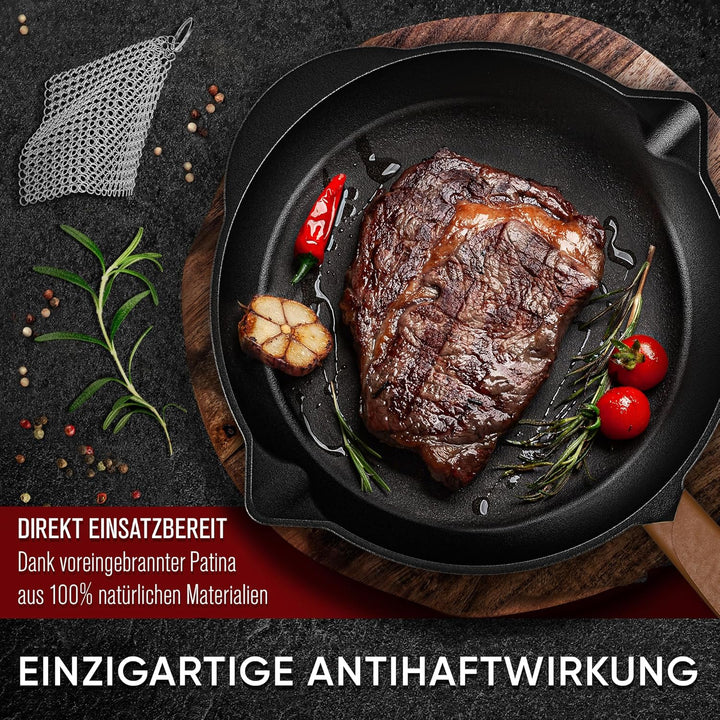 Ungeschliffenes Gusseisenpfanne 26cm–Eingebrannte Pfanne Gusseisen Induktion–Gusspfanne, Steakpfanne