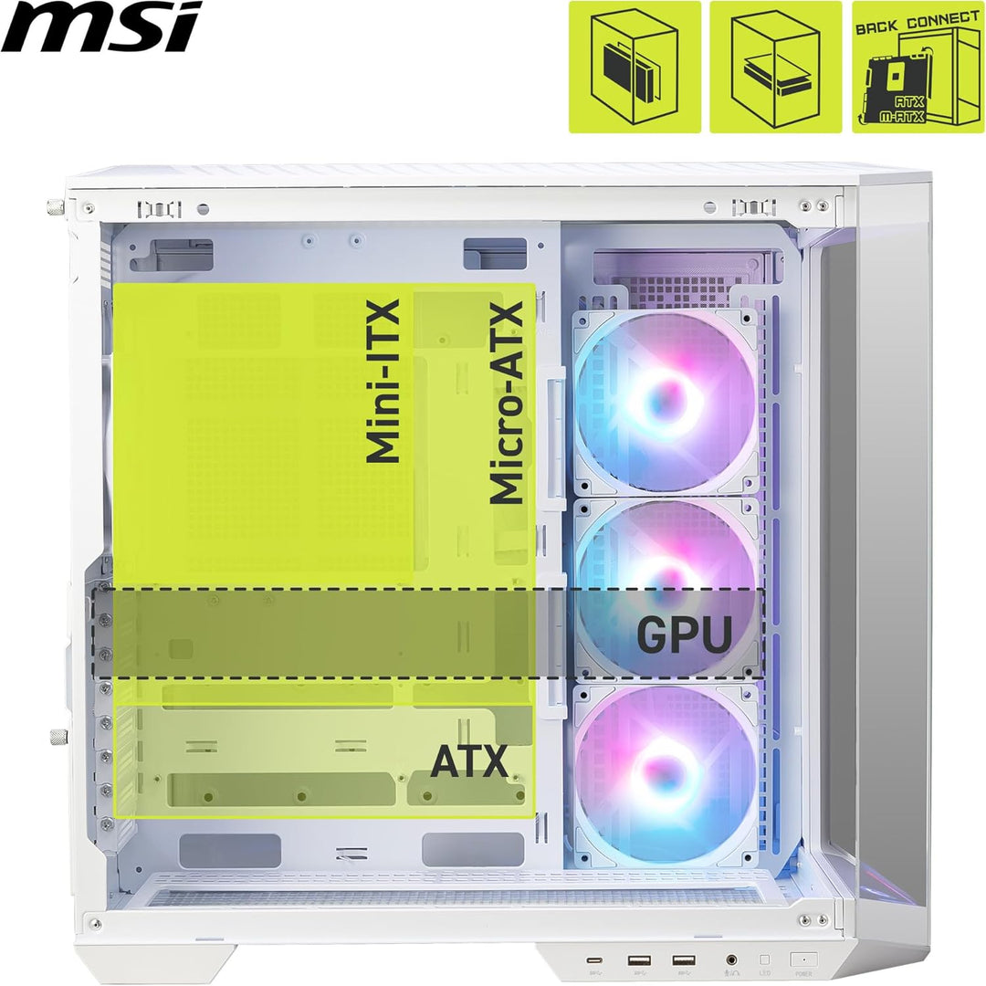 MSI MAG PANO 100R PZ Weiss ATX PC-Gehäuse - ATX-Kapazität &amp; Back-Connect Mainboard Unterstützung, Ve