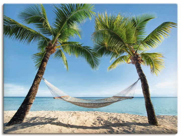 ARTland Leinwandbilder Wandbild Bild auf Leinwand 80x60 cm Karibik Palmen Strand Meer Hängematte Url