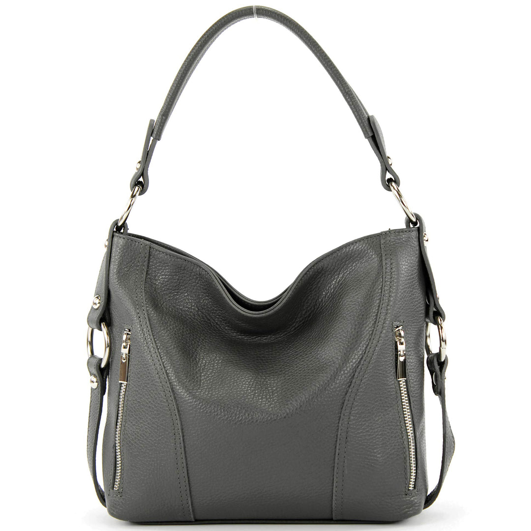 modamoda de - T202 - ital. Damen Henkeltasche Schultertasche aus Leder Graphitgrau, Graphitgrau
