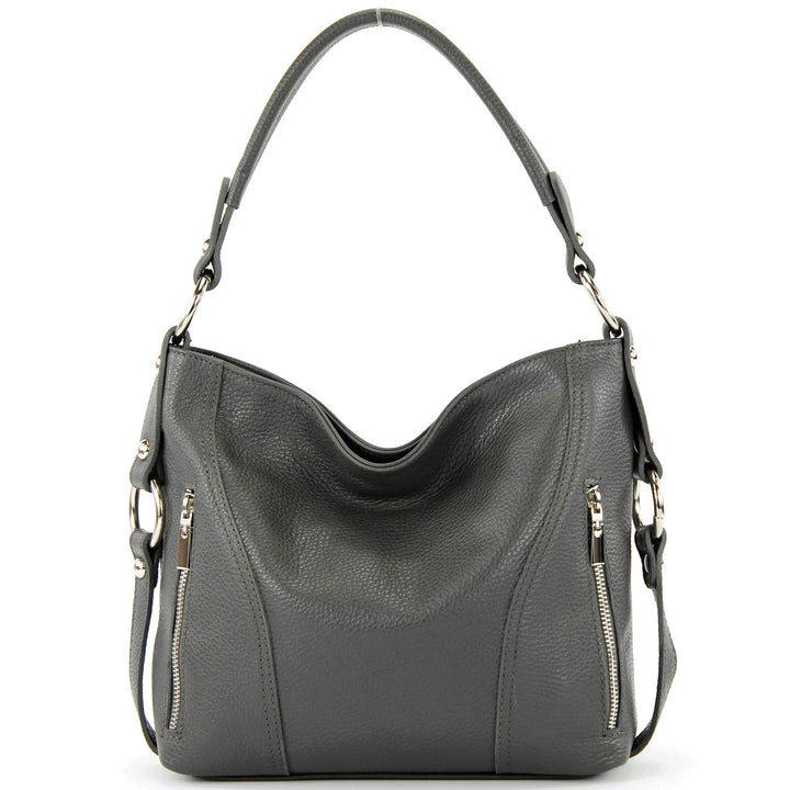 modamoda de - T202 - ital. Damen Henkeltasche Schultertasche aus Leder Graphitgrau, Graphitgrau