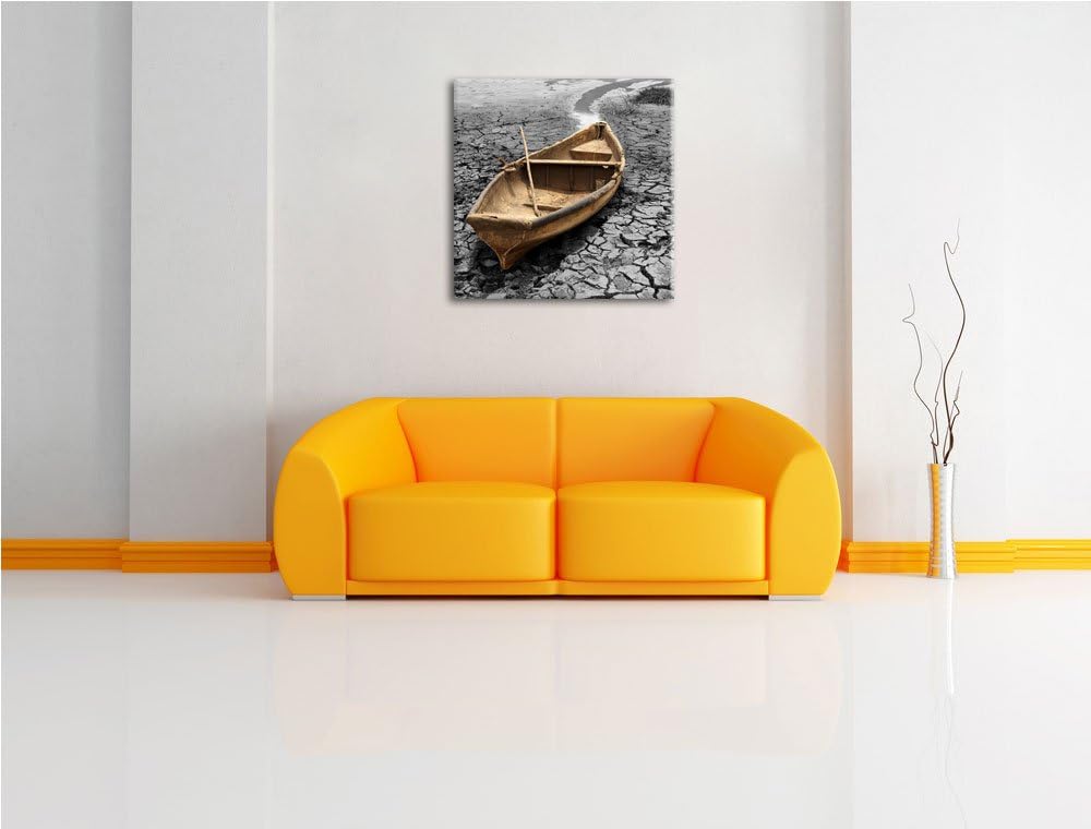 Pixxprint Ausgetrockneter Fluss mit Boot als Leinwandbild Quadratisch/Grösse: 70x70 / Wandbild/Kunst
