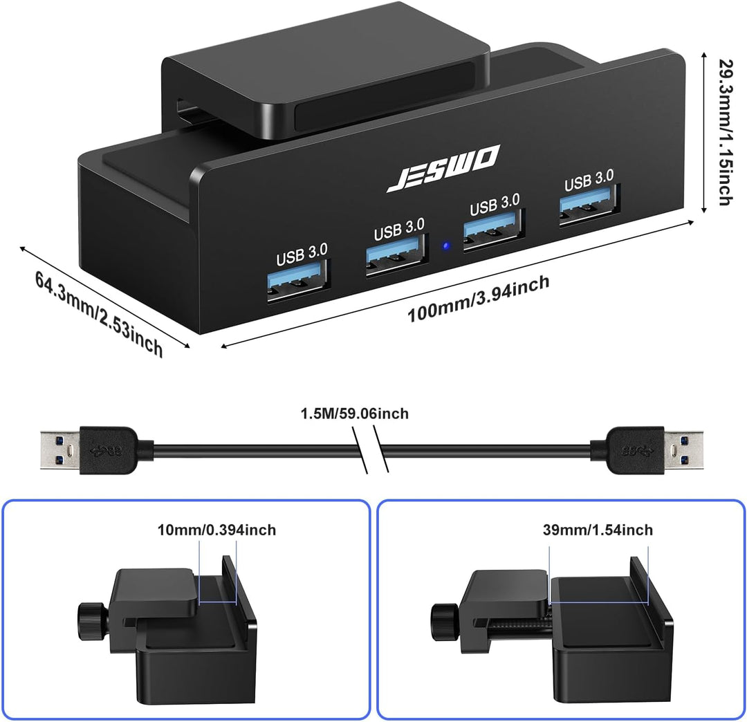 JESWO USB Hub, USB 3.0 Hub mit Clip, 4 Port USB Verteiler aus Aluminium, 5V Stromanschluss und 150cm