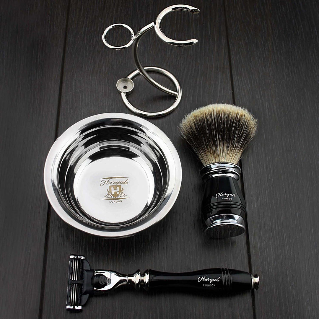 Haryali London Luxury Black Herren Rasierset 3 Edge Rasiermesser, Rasierpinsel, Rasierständer und Ra