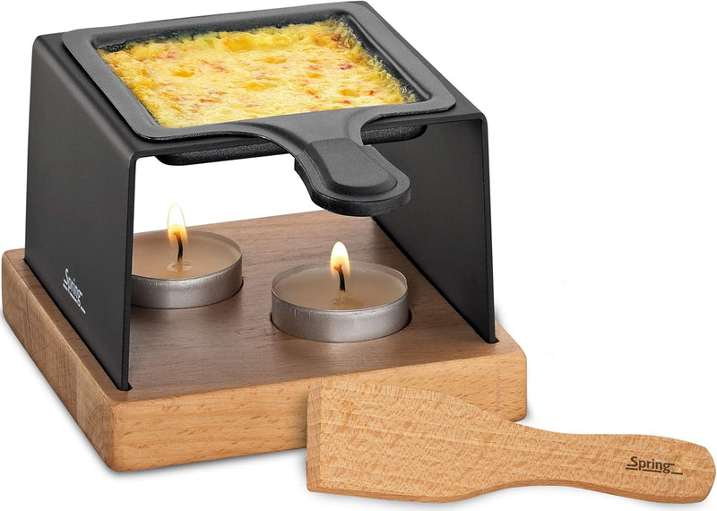 Spring GOURMET PARTY, Teelicht Raclette 1 Person, Käse Raclette Grill, Bodenplatte aus Buchenholz, 1