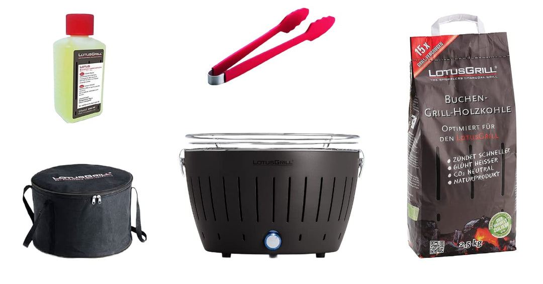 LotusGrill Starter-Set Classic 1x Grill Anthrazitgrau mit USB-Anschluss, 1x Buchenholzkohle 2,5 kg,