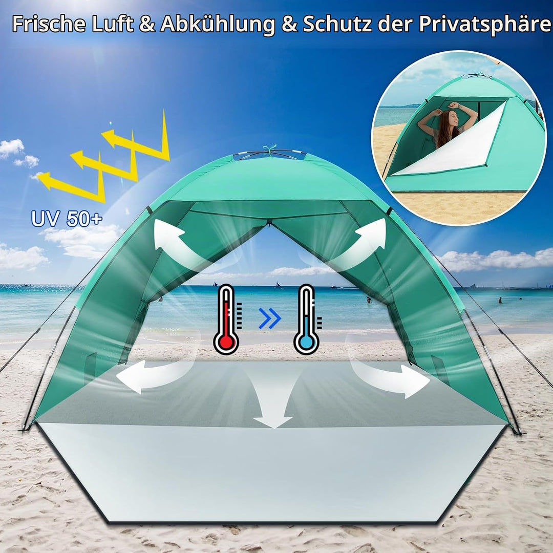 Strandmuschel, UV Schutz 50+ Familie Zelt XXL Strandmuschel Vorder und Hintertür mit Reissverschluss