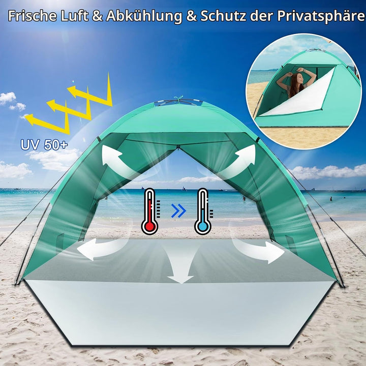 Strandmuschel, UV Schutz 50+ Familie Zelt XXL Strandmuschel Vorder und Hintertür mit Reissverschluss