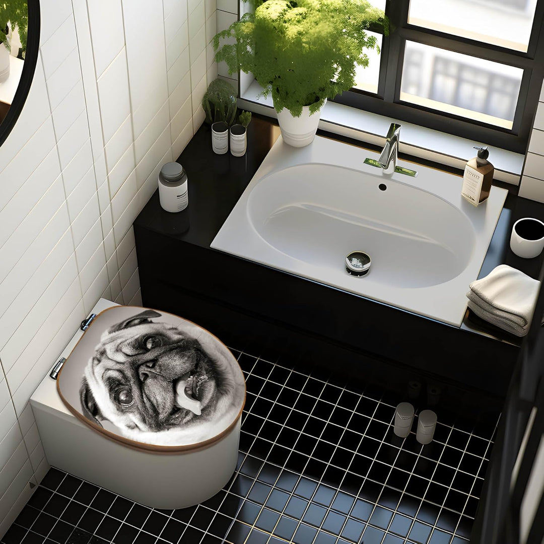 banjado® Design WC Sitz Bambus Absenkautomatik mit Motiv Mops Porträt/Toilettendeckel mit Absenkauto