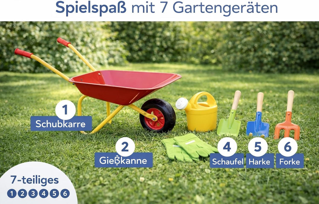 Kinder Schubkarren Set 7-Teile Metall &amp; Holz Gartenspielzeug mit Schubkarre, Schaufel, Harke, Forke,