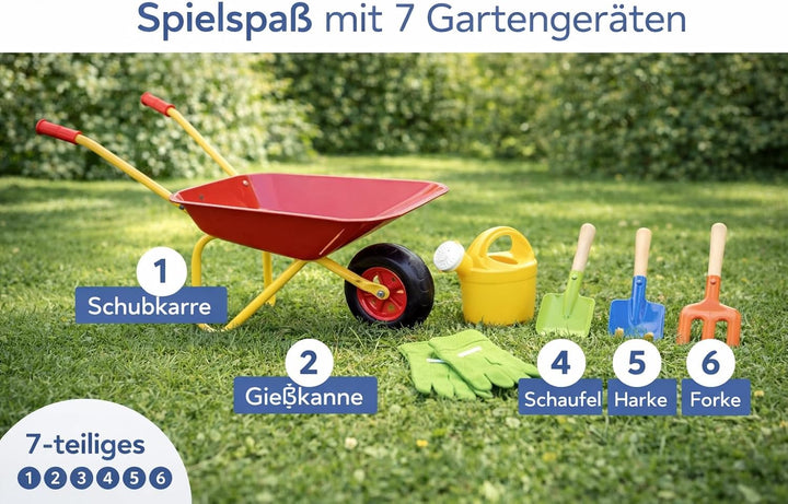 Kinder Schubkarren Set 7-Teile Metall &amp; Holz Gartenspielzeug mit Schubkarre, Schaufel, Harke, Forke,