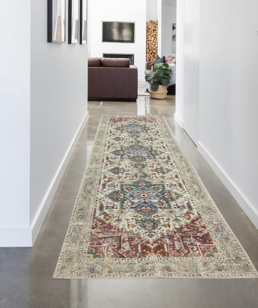 CARPETIA Klassischer Teppich mit modern orientalischen Verzierungen & Ornamenten in Creme rot orange