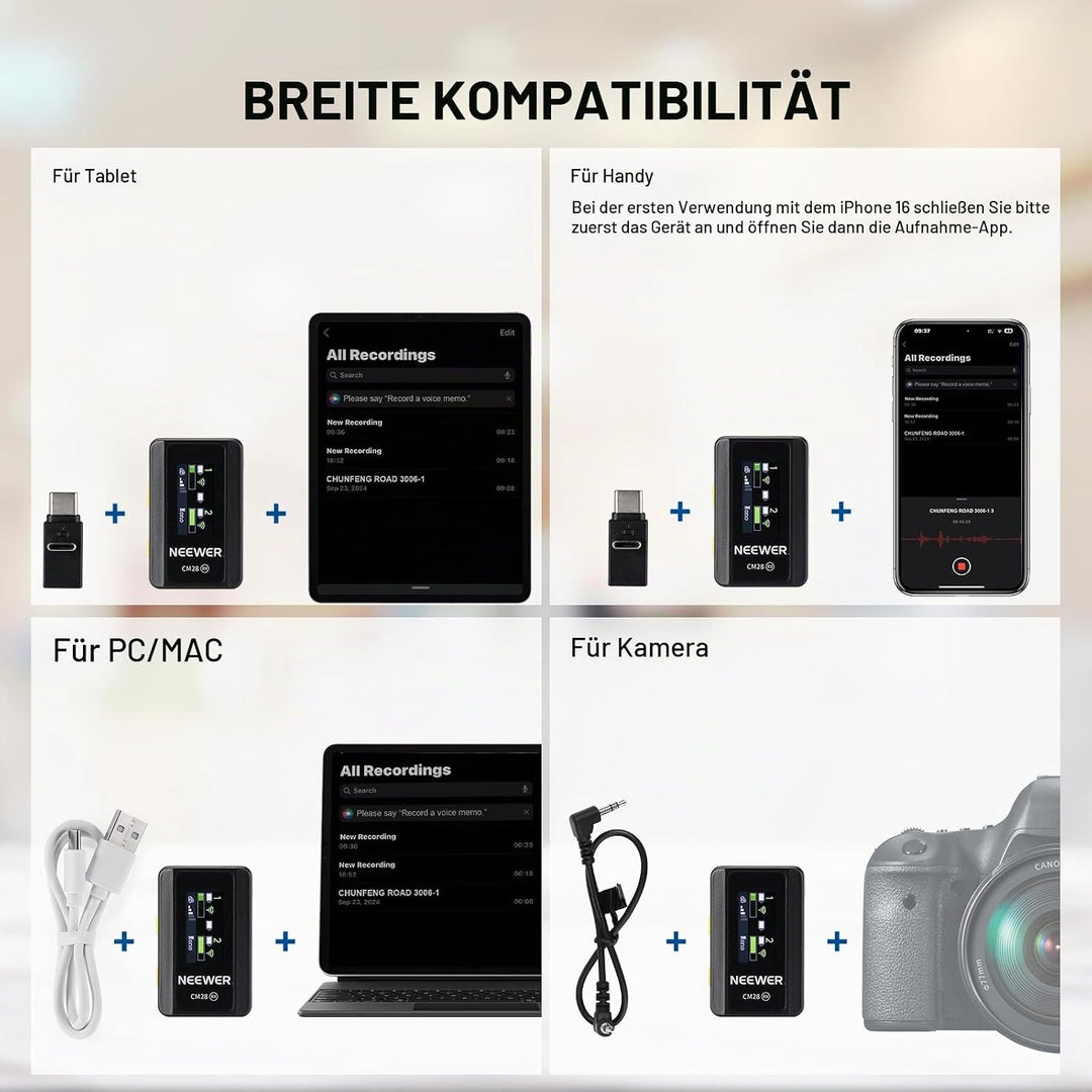 NEEWER CM28 Kabelloses Lavaliermikrofonsystem, 1 Klick Rauschunterdrückung, 4GB Speicher für 9 Stund
