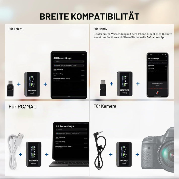 NEEWER CM28 Kabelloses Lavaliermikrofonsystem, 1 Klick Rauschunterdrückung, 4GB Speicher für 9 Stund