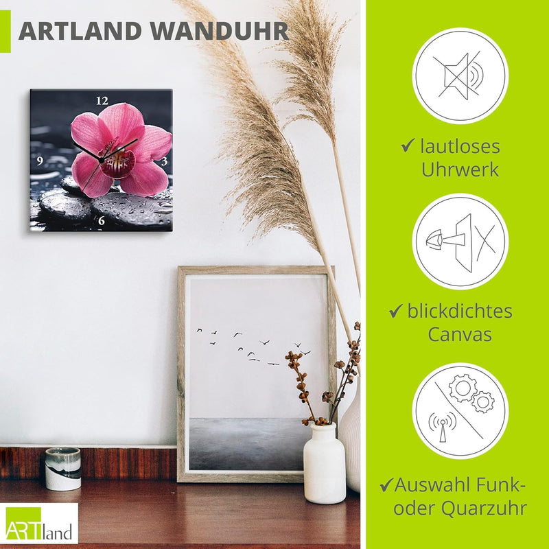 ARTLAND Wanduhr ohne Tickgeräusche Leinwand Quarzuhr 30x30 cm Quadratisch Lautlos Orchidee Zen Asiat