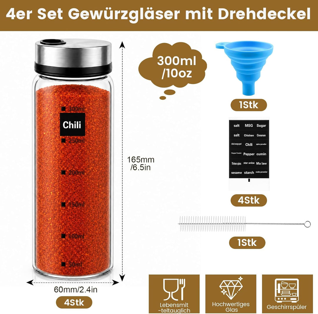 Mssushi 4er Set Salzstreuer Klein mit Drehdeckel 300ml | 10oz, Gewürzgläser Rund Glas Leer, 4 Lochgr