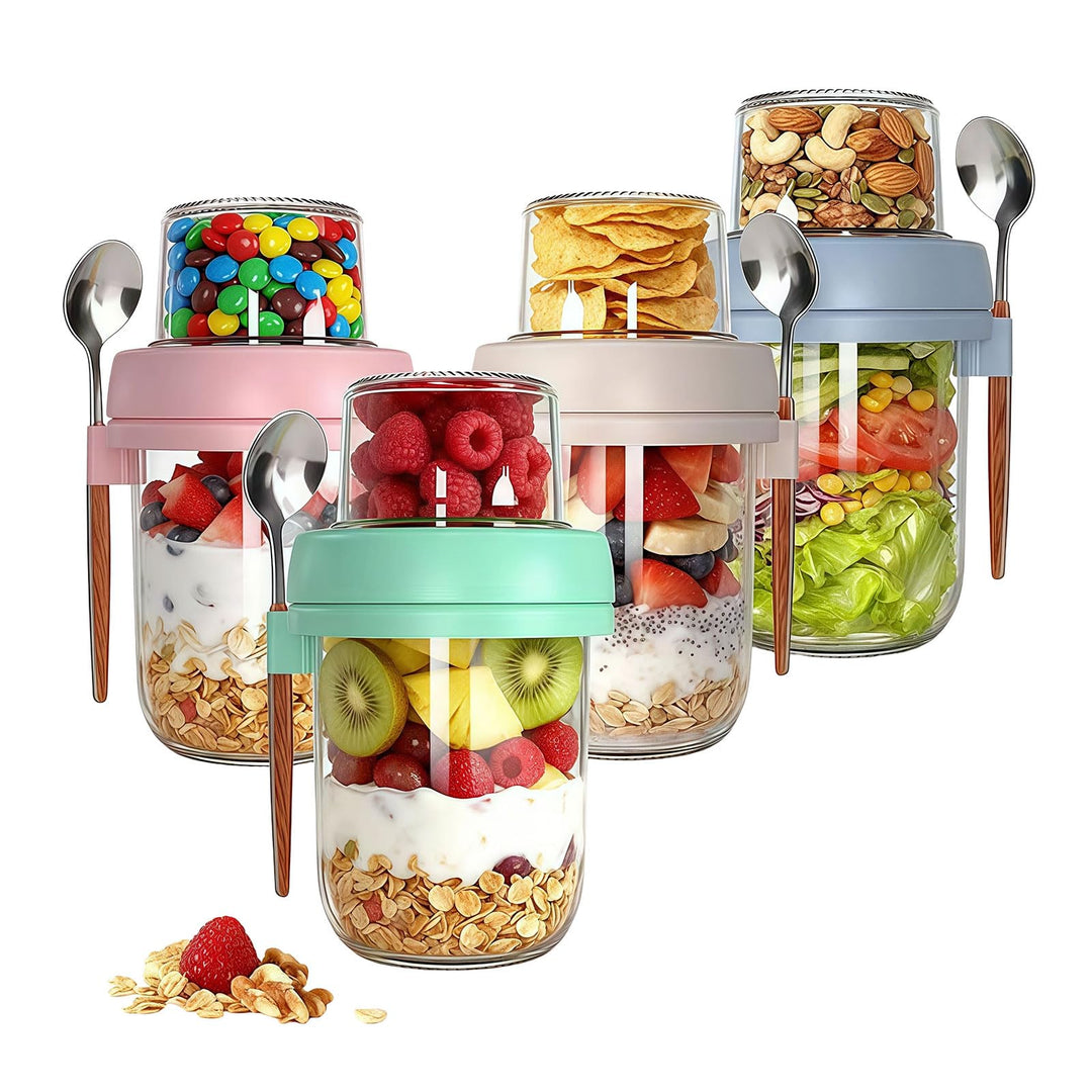 4er Set Overnight Oats Gläser mit Deckel & Löffel – 16oz Müslibecher & 4oz Snack-Box, Doppelkammer J
