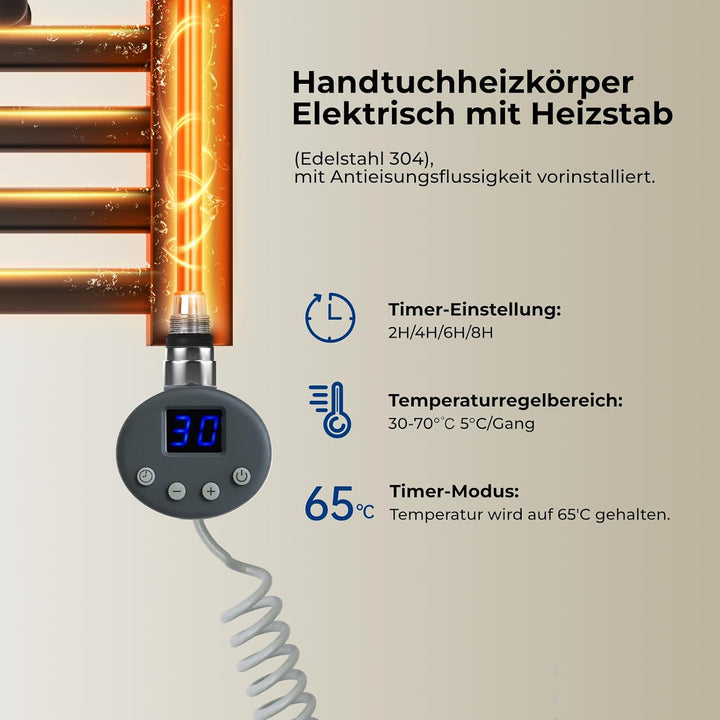 Heilmetz Badheizkörper Elektrisch mit Heizstab 600W Leistung 1400 x 600 mm Anthrazit Gerade Bad Heiz