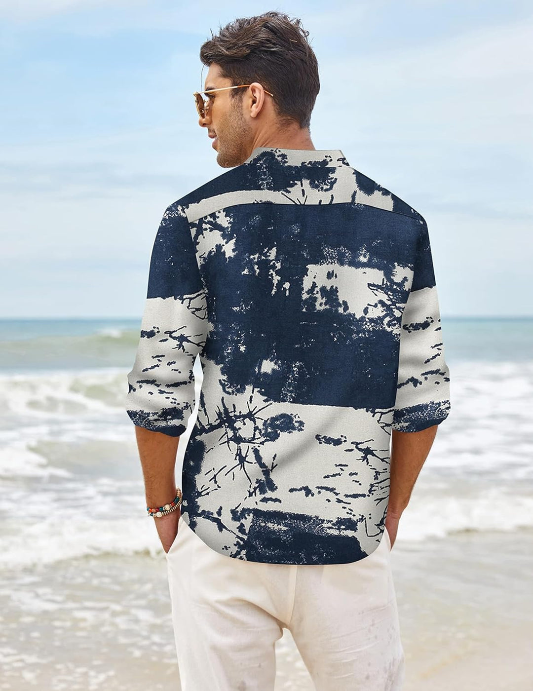 COOFANDY Hemd Herren Langarm Leinenhemd Baumwolle Henley Shirt Casual Regular Fit Sommerhemd S Navy