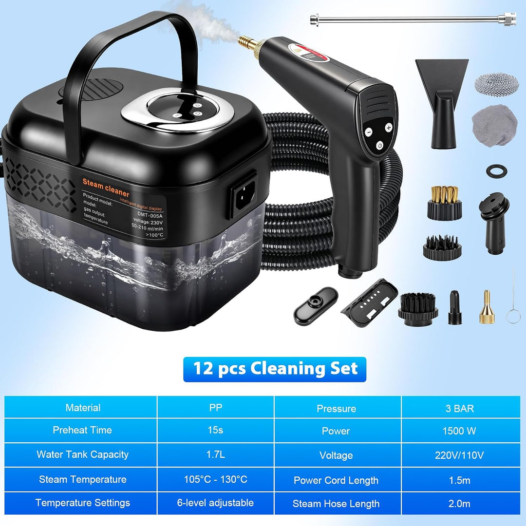 RUIZHI 6-Stufig Dampfreiniger Handgerät mit 12 Zubehör, Steam Cleaner Handheld 1700ML Tank, 1500W Me