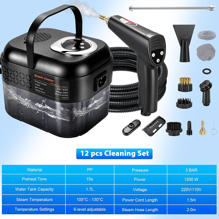 RUIZHI 6-Stufig Dampfreiniger Handgerät mit 12 Zubehör, Steam Cleaner Handheld 1700ML Tank, 1500W Me