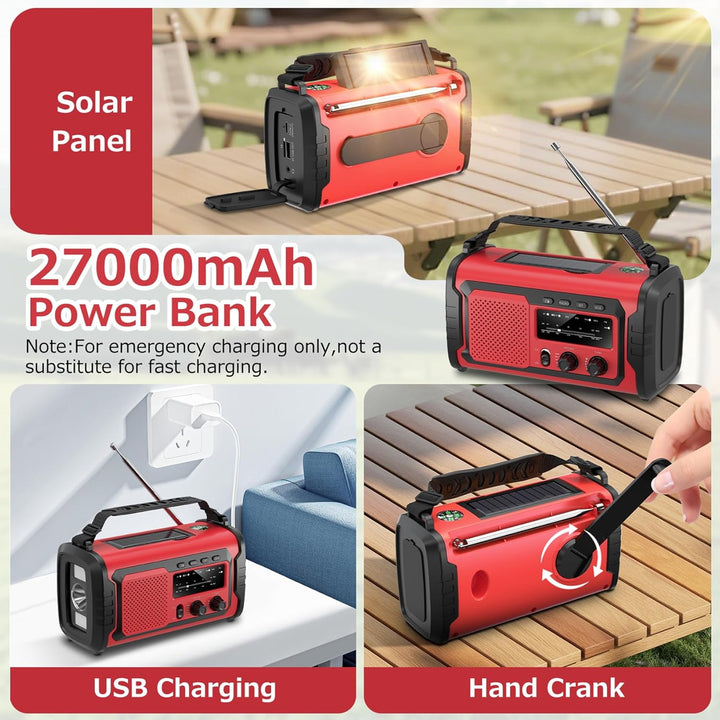 Kurbelradio 27000mAh Notfallradio mit Solar & Handkurbel, AM/FM Emergency Radio mit SOS Alarm, Bluet