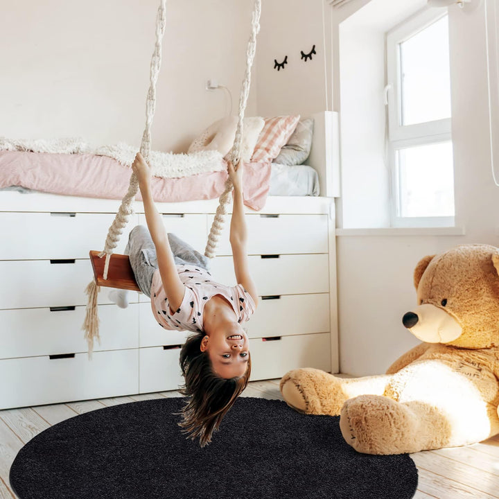 payé Teppich Rund Hochflor Shaggy - 200x200cm - Schwarz Einfarbig Uni Flauschig Modern Boho Wohnzimm