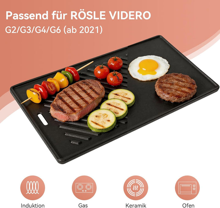 Gusseisen Grillplatte für alle RÖSLE VIDERO G2-, G3-, G4- und G6-Modelle (ab Modelljahr 2021), 45 x