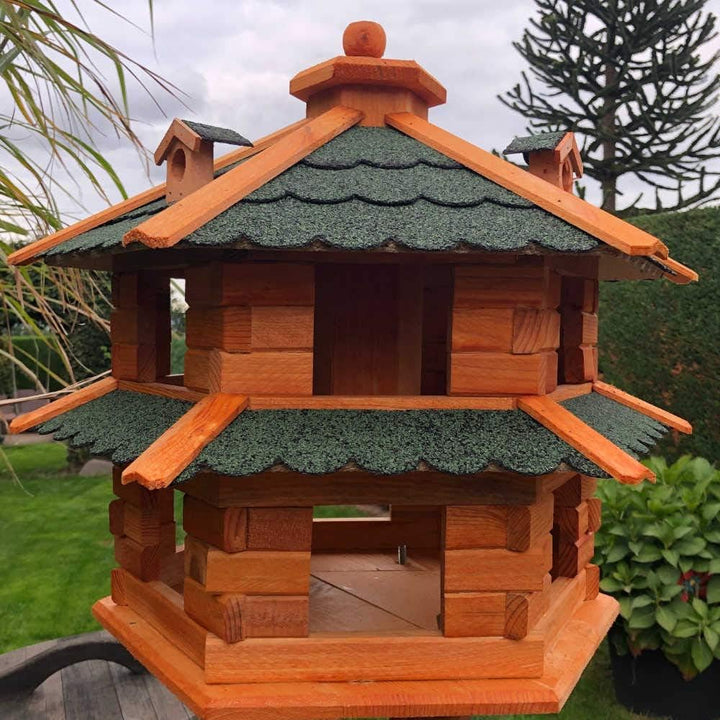Vogelvilla wetterfest von L bis XL Futterhaus Vogelhaus mit oder ohne Ständer in Braun mit Rot, Grün