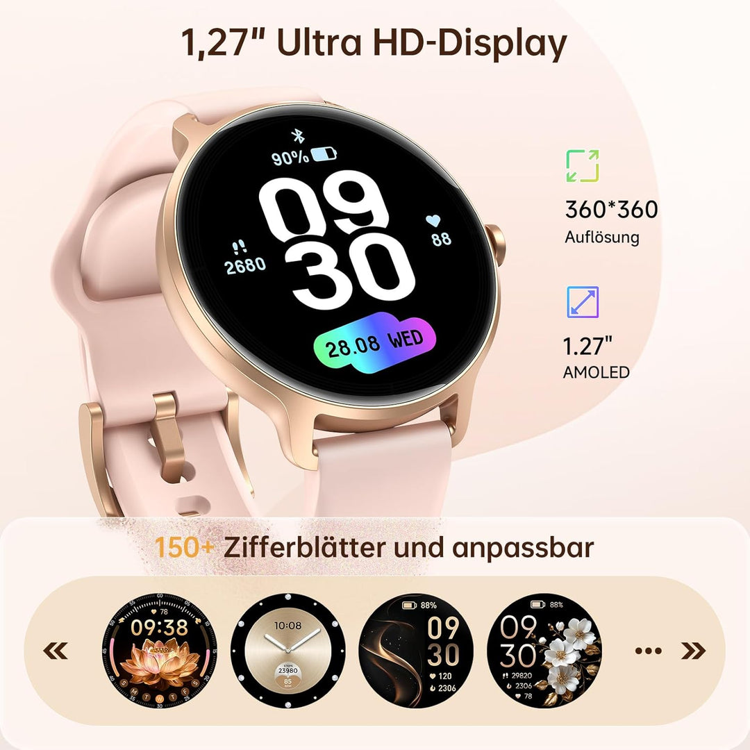 Smartwatch Damen Rund, 1.27" AMOLED Smart Watch mit Telefonfunktion, Fitnessuhr mit Pulsuhr SpO2 Sch