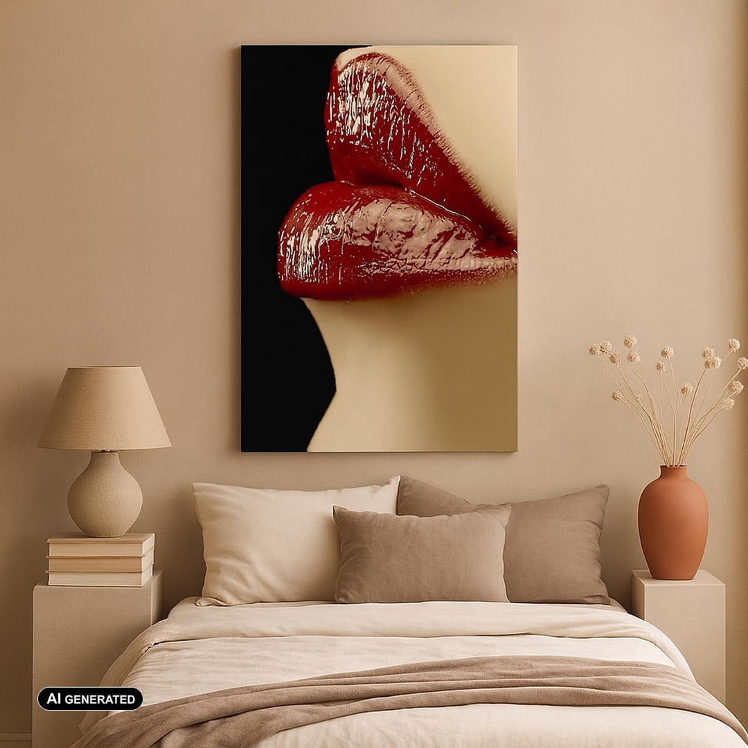Bilder auf Leinwand Frau rote Lippen Lippenstift Gesicht Leinwandbild mit Rahmen 45x80cm Wandbilder