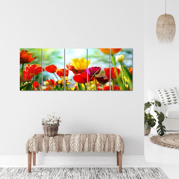 Runa Art Wandbild XXL Blumen Tulpen Wohnzimmer Schlafzimmer 200 x 80 cm Bunt 5 Teilig - Made in Germ