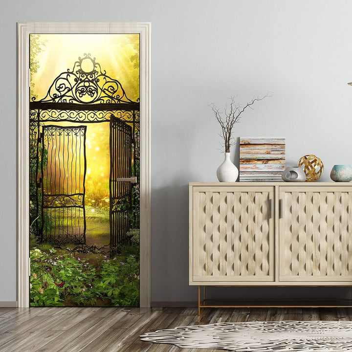 wandmotiv24 Türtapete altes Metall-tor im Sonnen-licht, Sonne 80 x 200cm (B x H) - Dekorfolie selbst