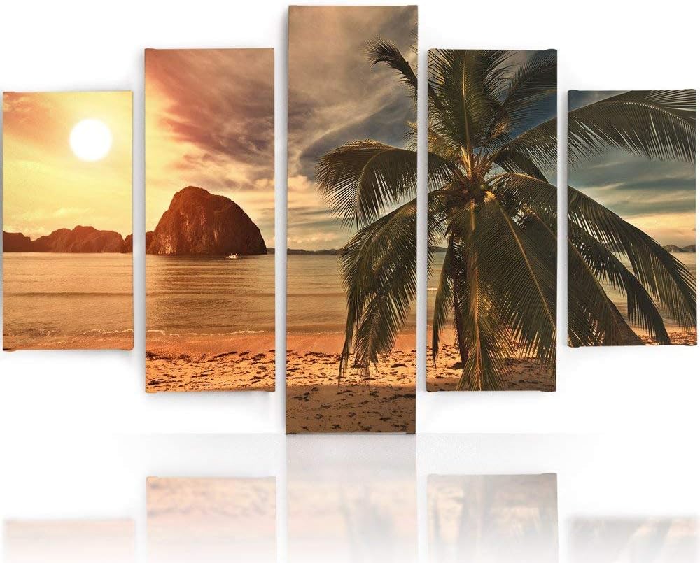 Feeby Frames, Leinwandbild Bilder Wand Bild - 5 Teile - Wandbilder Kunstdruck (PALME, SONNENUNTERGAN