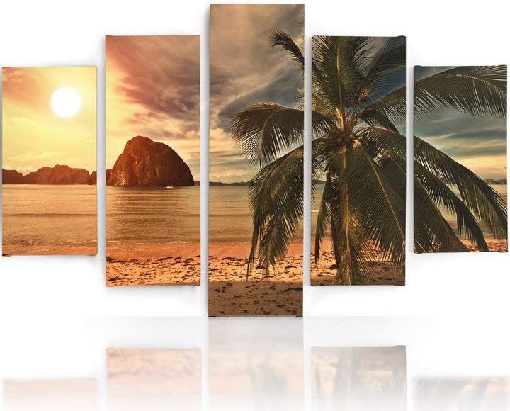 Feeby Frames, Leinwandbild Bilder Wand Bild - 5 Teile - Wandbilder Kunstdruck (PALME, SONNENUNTERGAN