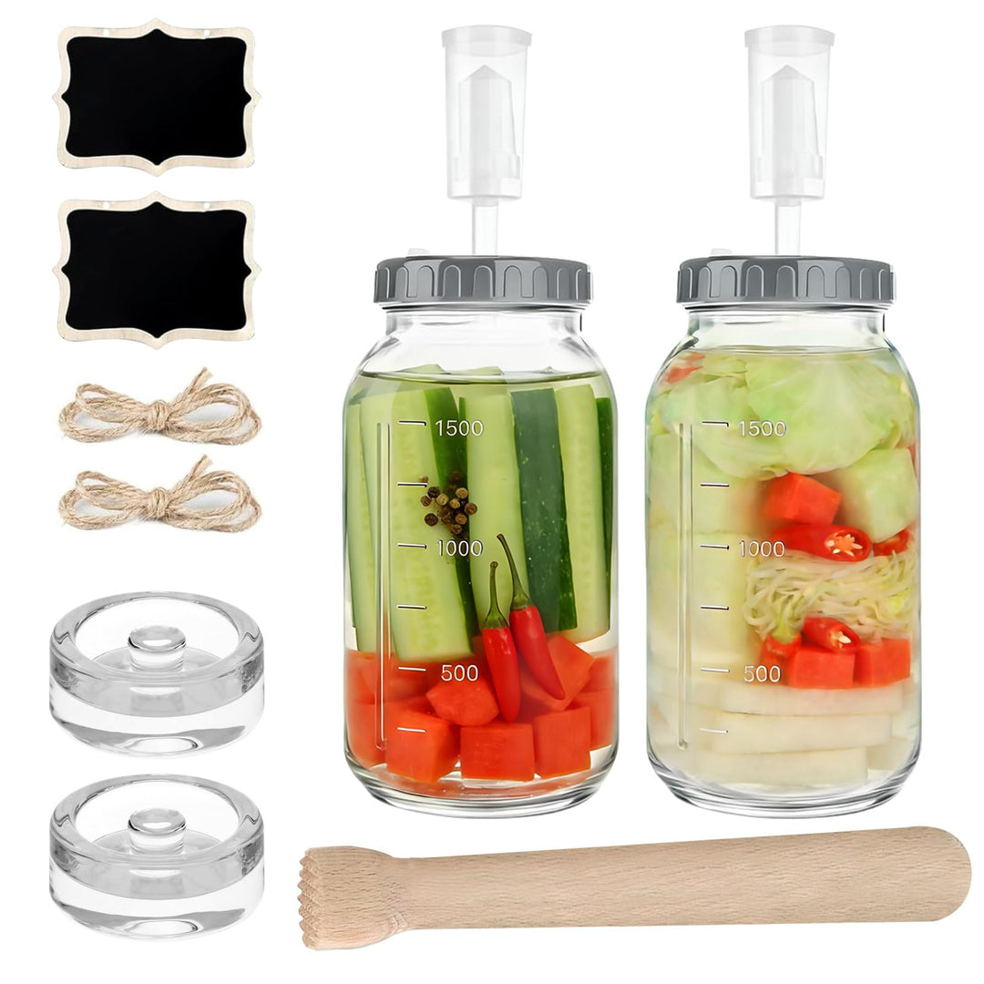 Fermentierglas 2 Stück 2L, 64oz Kimchi Behälter mit Luftschleuse und Gewicht, Breiter Mund Fermentie