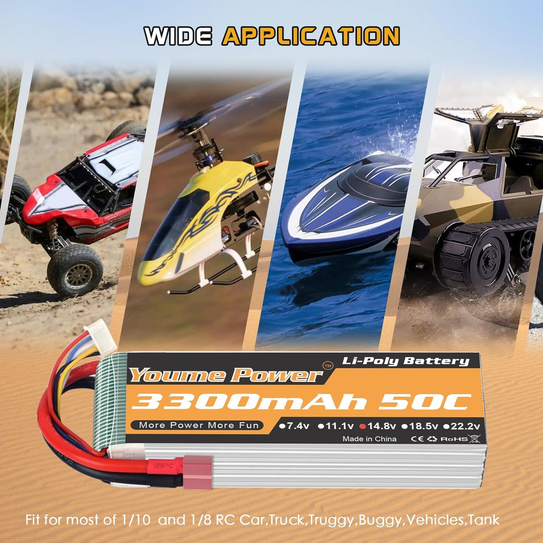 Lipo 4S Batterie, 14,8V 3300mAh Lipo Batterie Pack 50C mit T Stecker für RC Hubschrauber Flugzeug Bo