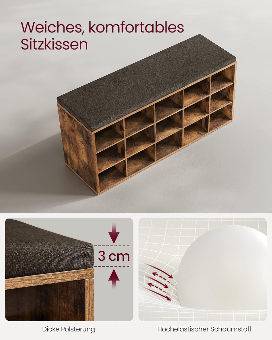 VASAGLE Custos Kollektion - Schuhbank, Schuhregal mit Sitzfläche, Sitzbank mit Stauraum, Kissen, 15